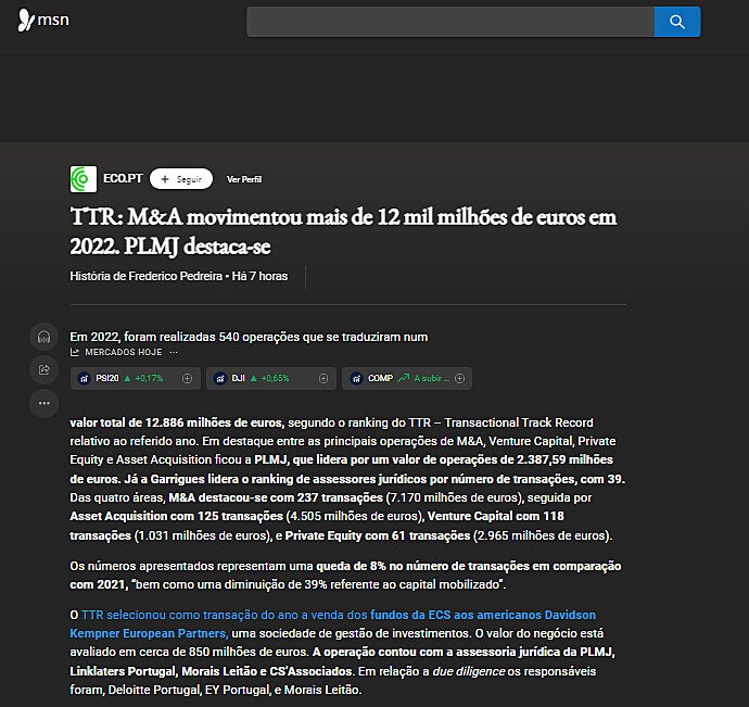 TTR: M&A movimentou mais de 12 mil milhes de euros em 2022. PLMJ destaca-se